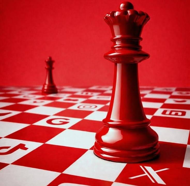 A red chess queen towering over a smaller piece on a red and white board